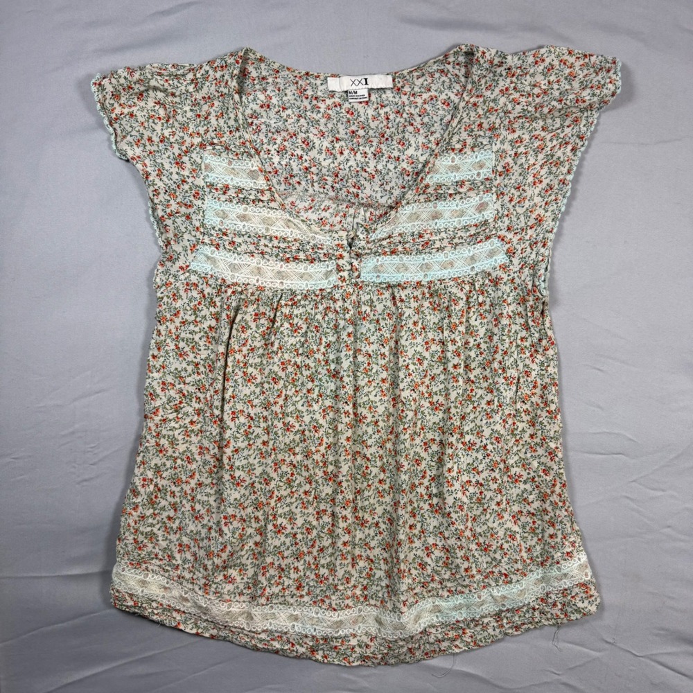 XXI Forever 21 Floral Boho Blouse Short Sleeve Sz M Lace Babydoll Cottagecore